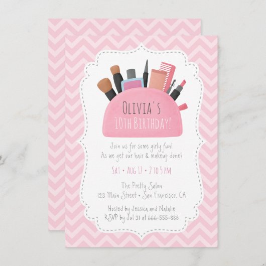 Roze make-up zakje meisjes verjaardagsfeestje uitn kaart (Voorkant / Achterkant)