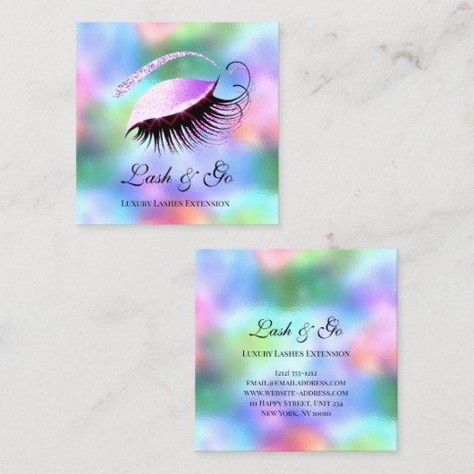 Roze Makeup Artist Eyelash Extension Holographic Vierkante Visitekaartje (Voorkant / Achterkant)