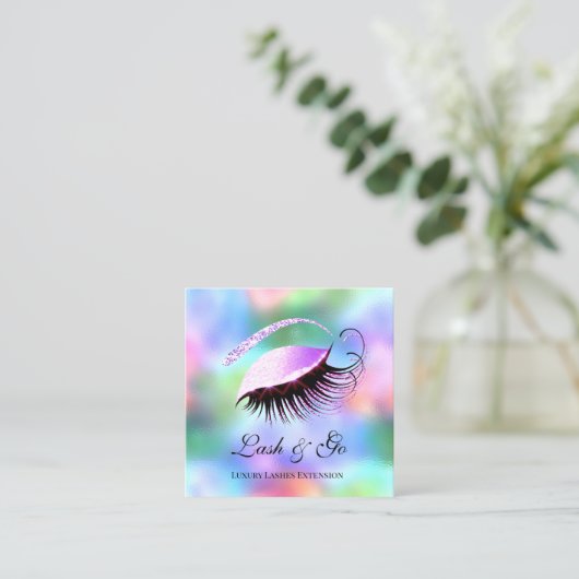 Roze Makeup Artist Eyelash Extension Holographic Vierkante Visitekaartje (Staand voorkant)