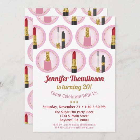 Roze Makeup Cosmetics Birthday Invitation Lipstick Kaart (Voorkant / Achterkant)