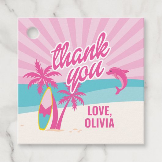Roze Malibu Beach Palm Verjaardag Bedankjes Labels (Voorkant)