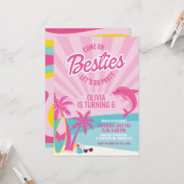 Roze Malibu-strand verjaardagsuitnodiging voor bes Kaart