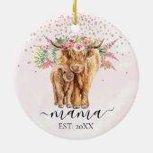 Roze mama Baby Highland Koe Calf Moeder Keramisch Ornament (Achterkant)