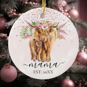 Roze mama Baby Highland Koe Calf Moeder Keramisch Ornament