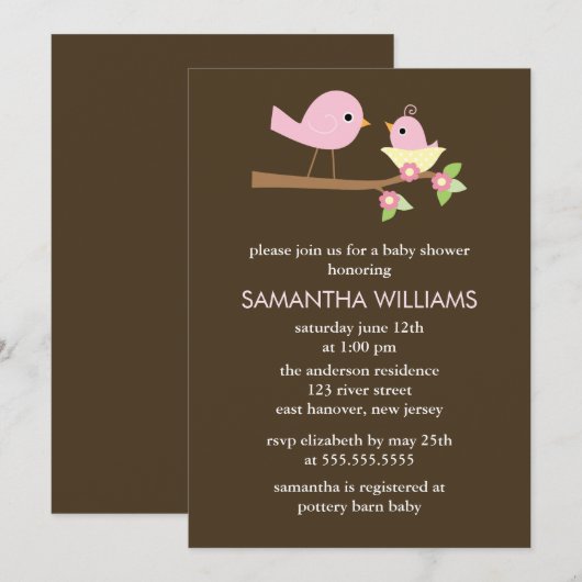 Roze mama en Baby vogels in een nestBaby shower Kaart (Voorkant / Achterkant)