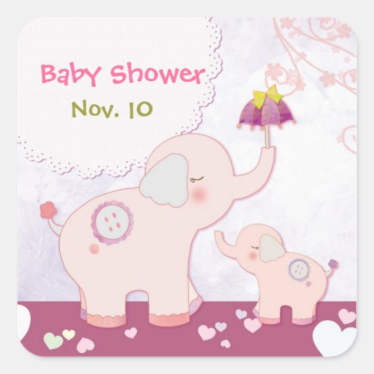 Roze mama in Baby Elephants Baby shower Vierkante Sticker (Voorkant)