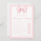 Roze mama of papa boog gingham baby shower spel kaart (Voorkant)