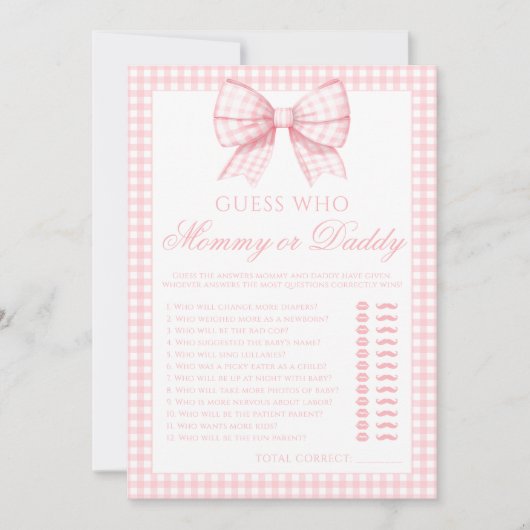 Roze mama of papa boog gingham baby shower spel kaart (Voorkant)