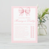 Roze mama of papa boog gingham baby shower spel kaart (Staand voorkant)