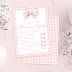 Roze mama of papa boog gingham baby shower spel kaart
