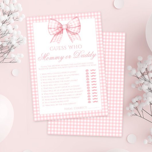 Roze mama of papa boog gingham baby shower spel kaart