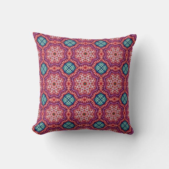 Roze Mandala Bloempatroon met Blauwe Accenten Kussen (Voorkant)