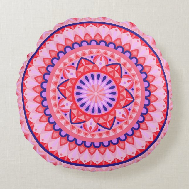 Roze Mandala Boho Levendig Liefde Geometrisch Patr Rond Kussen (Voorkant)
