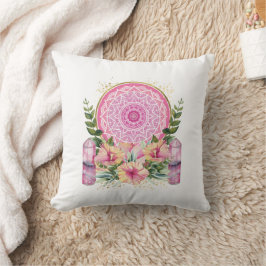 Roze Mandala Crystal Flowers Waterverf Boho Throw Kussen