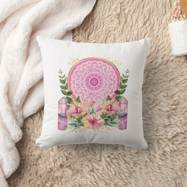 Roze Mandala Crystal Flowers Waterverf Boho Throw Kussen (Deken)