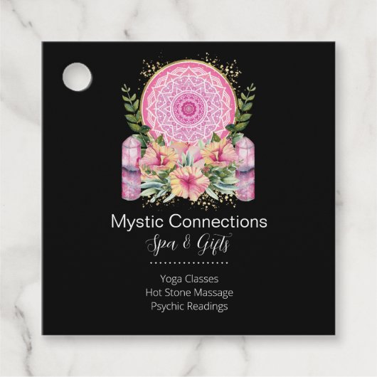Roze Mandala Crystals Flower Energy Yoga Reiki Spa Bedankjes Labels (Voorkant)