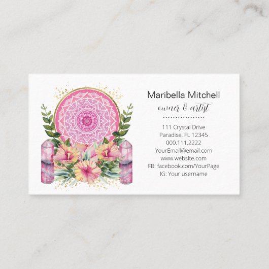 Roze Mandala Crystals Flower Energy Yoga Reiki Spa Visitekaartje (Achterkant)