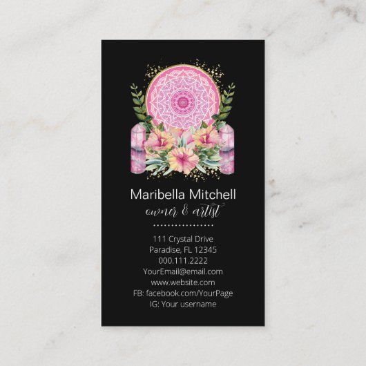 Roze Mandala Crystals Flower Energy Yoga Reiki Spa Visitekaartje (Achterkant)