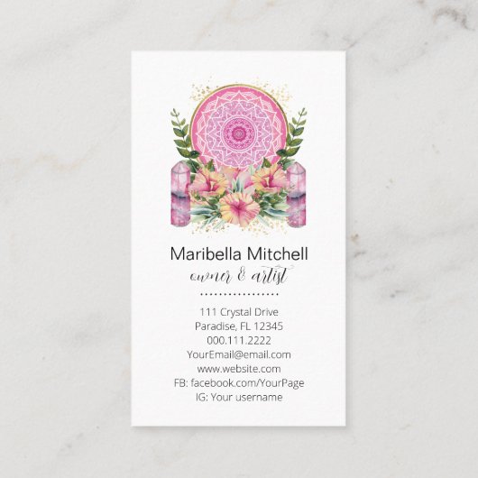 Roze Mandala Crystals Flower Energy Yoga Reiki Spa Visitekaartje (Achterkant)
