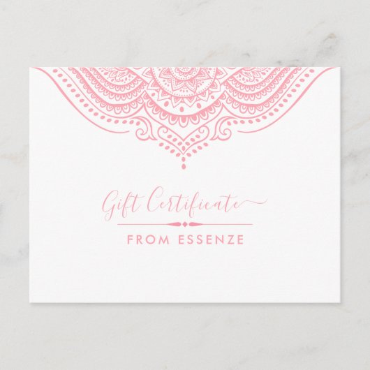 Roze Mandala Gift Certificate Design Briefkaart (Voorkant)