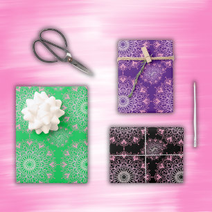  roze mandala op groen, zwart, paarse   inpakpapier vel