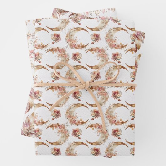 Roze manen en bloemen inpakpapier vel (In situ)