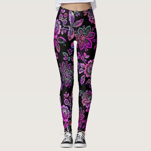 Roze manie, gestileerd, moderne bloemen leggings (Voorkant)