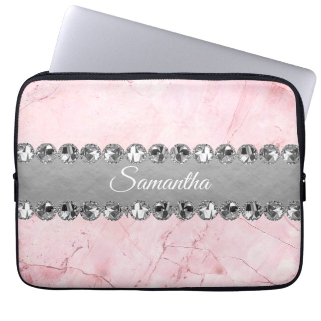Roze Marble Diamond Bling Laptop Sleeve (Voorkant)