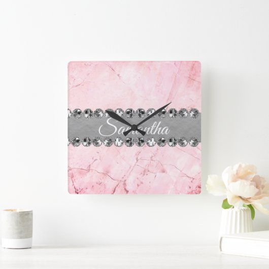 Roze Marble Diamond Bling            Vierkante Klok (Huis)