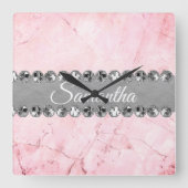 Roze Marble Diamond Bling            Vierkante Klok (Voorkant)