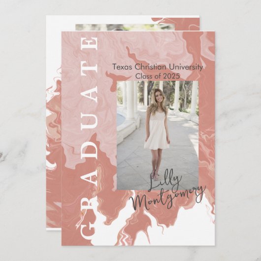 Roze Marble Photo Afstuderen Announcement Card Kaart (Voorkant / Achterkant)