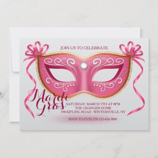 Roze mardi Gras Mask Invitation Kaart (Voorkant)