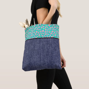 Roze margrieten en denim tote bag