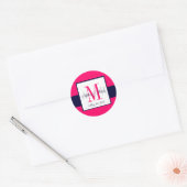 Roze Marine Blauw Monogram Namen Bruiloft Favor Ronde Sticker (Envelop)