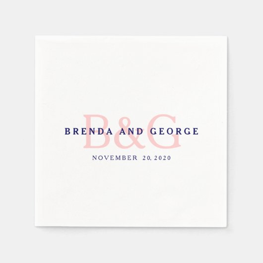 Roze Marine Blauw Monogram Trouwpapier Servetten (Voorkant)