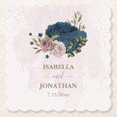 roze marine blauwe bloemen botanische bruiloft kartonnen onderzetters (Voorkant)