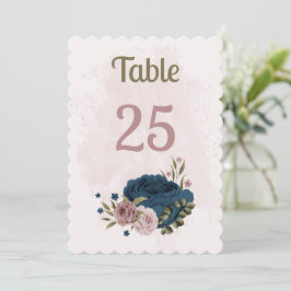 Roze Marine Blauwe Bloemen Botanische Tafel Nummer Kaart
