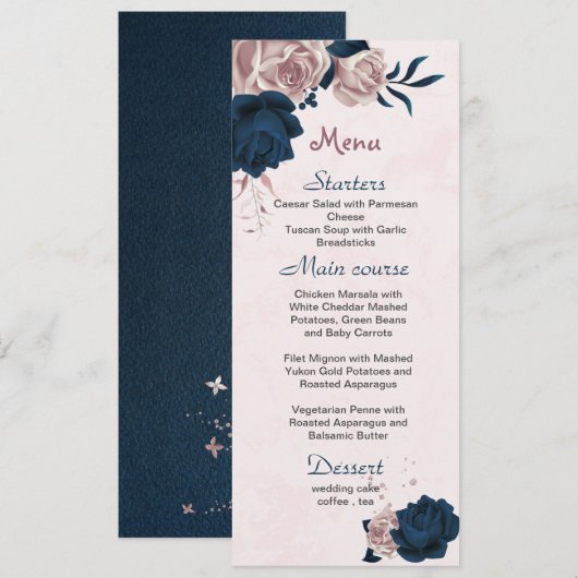 roze & marine bloemen & bladeren bruiloft menu (Voorkant / Achterkant)