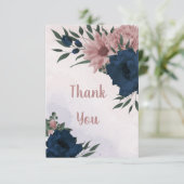 Roze & marine bloemen botanisch bedankkaart (Staand voorkant)