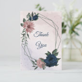 Roze & marine bloemen botanisch bedankkaart (Staand voorkant)