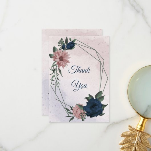 Roze & marine bloemen botanisch bedankkaart (Voorkant / Achterkant in situ)