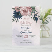 Roze & marine bloemen botanisch save the date (Staand voorkant)