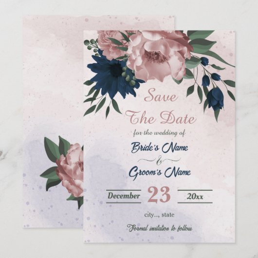 Roze & marine bloemen botanisch save the date (Voorkant / Achterkant)