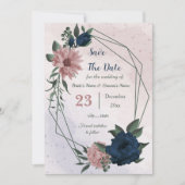 Roze & marine bloemen botanisch save the date (Voorkant)