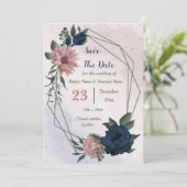 Roze & marine bloemen botanisch save the date (Staand voorkant)