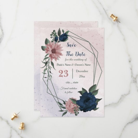 Roze & marine bloemen botanisch save the date (Voorkant / Achterkant in situ)