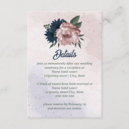 Roze & marine bloemen botanische bruiloft informatiekaartje