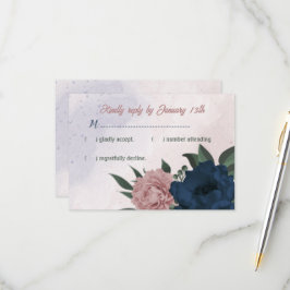 Roze & marine bloemen botanische bruiloft RSVP kaartje
