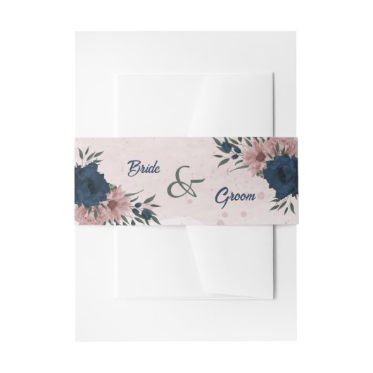 Roze & marine bloemen botanische bruiloft uitnodigingen wikkel (Voorkant Voorbeeld)