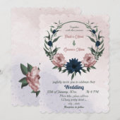 Roze & marine bloemen botanische krans bruiloft kaart (Voorkant / Achterkant)